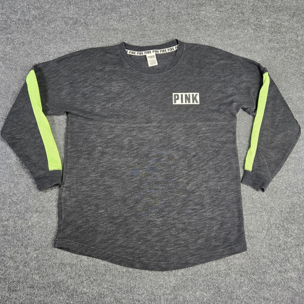 PINK Sweatshirt Women Small Campus Varsity Pullover Gray Neon Mesh Logo Graphic
